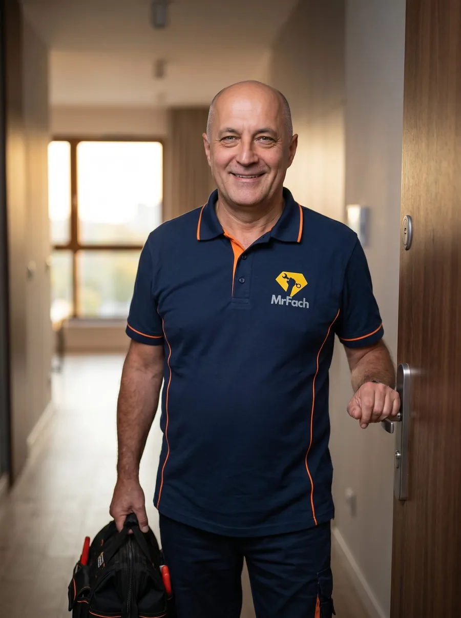 Właściciel MrFach przy drzwiach klienta z torbą narzędziową · MrFach owner at customer's door with tool bag · Владелец MrFach у двери клиента с сумкой для инструментов